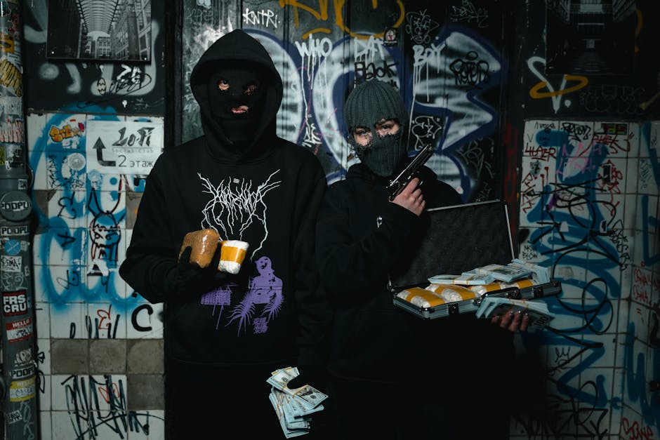 Two masked individuals holding cash, gun, and briefcase in a graffiti-covered alley.