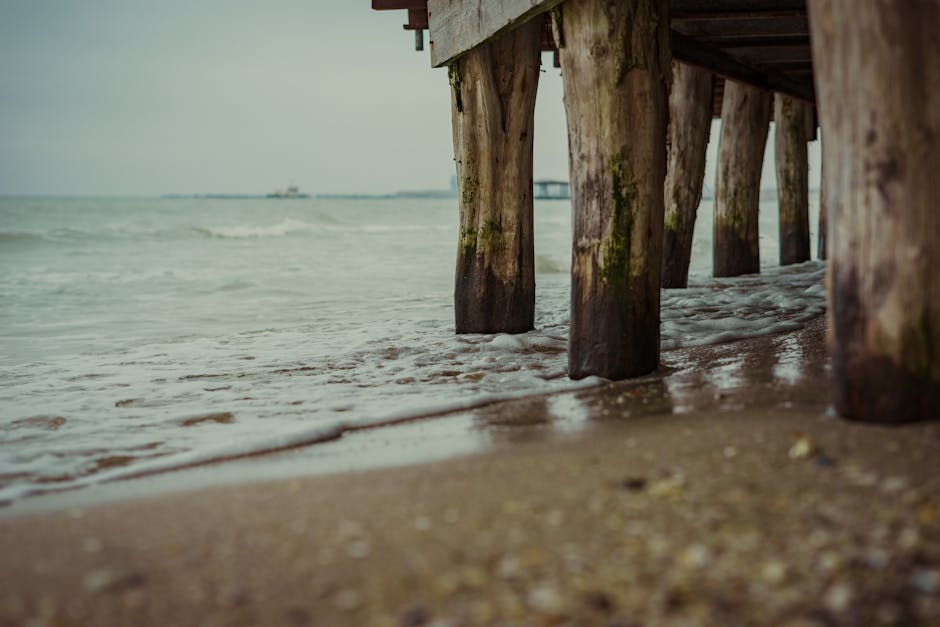 A view under a weathered wooden pier at Constanța beach with gentle waves lapping the shore.